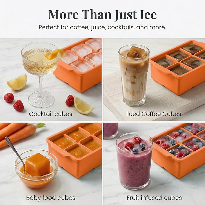 KitchFort Large Silicone Ice Cube Tray (2-Pack), Easy Release 2" Big Ice Cubes - Cocktail, Whiskey Ice Cubes Mold - Ice Trays for Freezer with Lid - Stackable Silicone Ice Tray - Orange