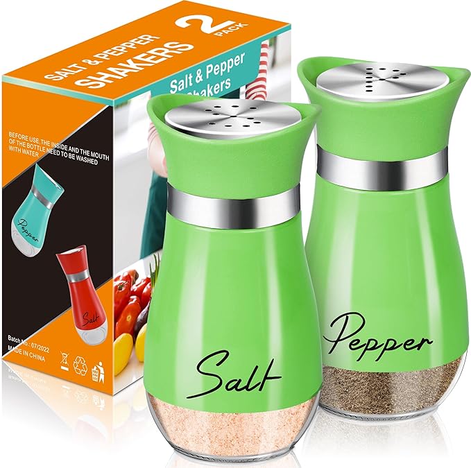 Salt and Pepper Shakers Set,4 oz Glass Bottom Salt Pepper Shaker with Stainless Steel Lid for Kitchen Cooking Table, RV, Camp,BBQ Refillable Design (Green)