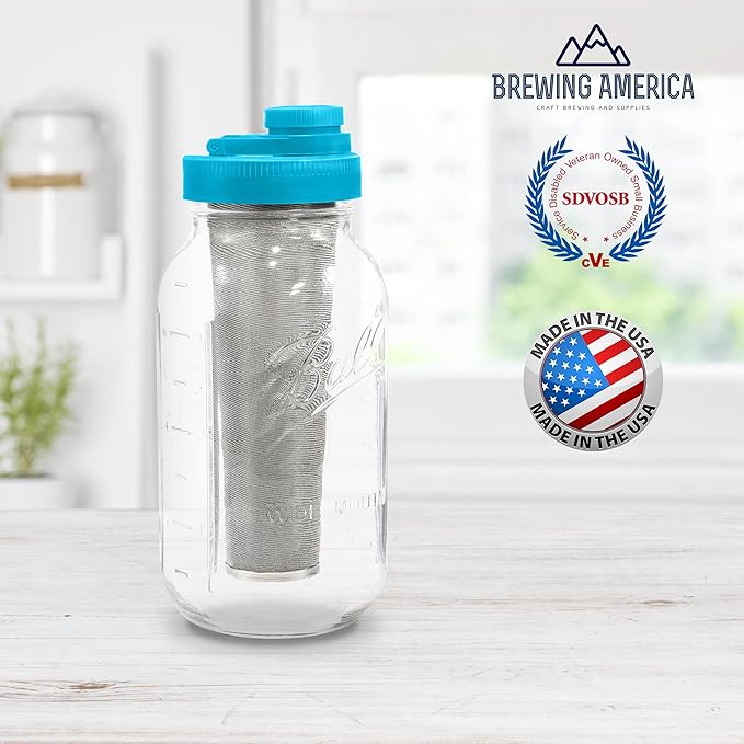Brewing America Mason Jar Cold Brew Coffee Maker Infuser: Made in USA Wide Mouth Mason Jar with Screw Top Pour and Drinking Lid, Stainless Steel Filter - Coffee, Tea, Alcohol - 2 Quart 64 oz Teal Lid
