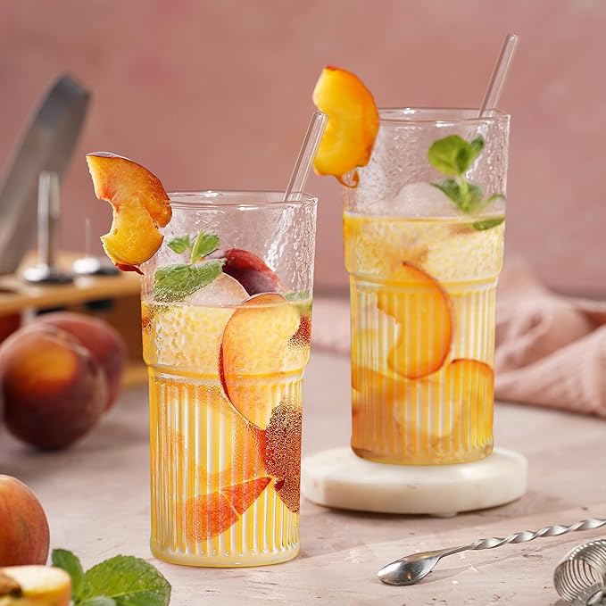 Joeyan 22 oz Glass Tumbler with Straw and Lid for Iced Tea Coffee Smoothie Water Juice Beverages Soda,Clear Borosilicate Glasses Cups,Ribbed Drinking Jar,Set of 2,Dishwasher Safe