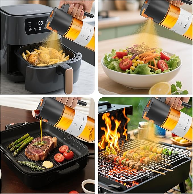 LAKUMIQI 2 in 1 Oil Sprayer for Cooking, 17oz Light-Blocking Glass Spray Bottle with Stickers, Oil Dispenser for Salad, Air Fryer & BBQ