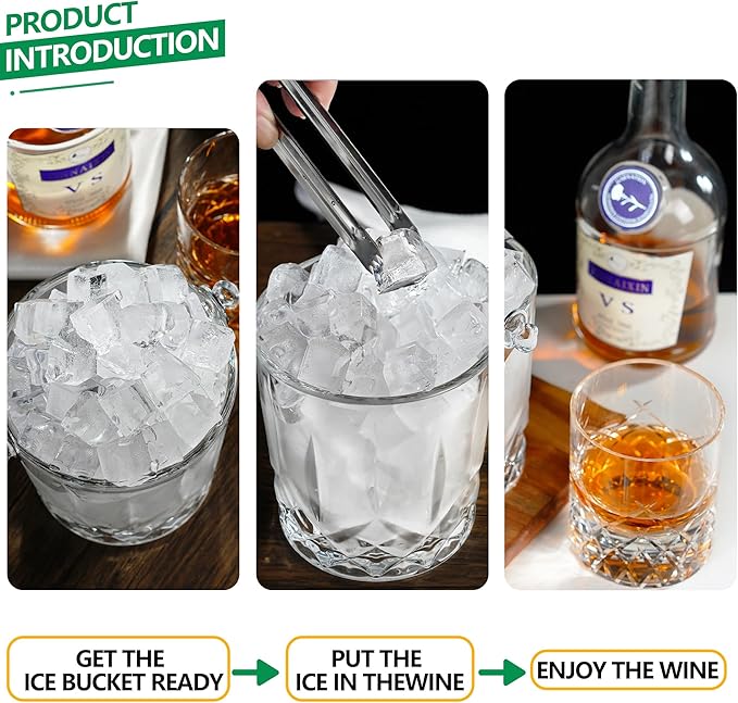 30.4oz Glass Ice Bucket with Handle Ice Tong 5 * 4.1inch Crystal Clear Cocktail Wine Champagne Cooler for Christmas Bar Parties Cocktail Accessories
