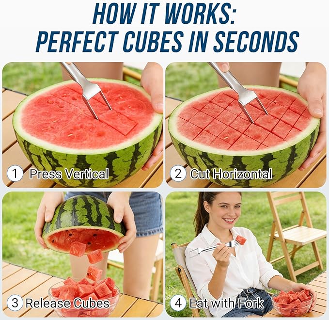 Watermelon Fork Slicer Cutter, 2-in-1 Stainless Steel Watermelon Slicer & Fruit Fork, Summer Kitchen Gadget for BBQ Parties, Camping & RV Adventures