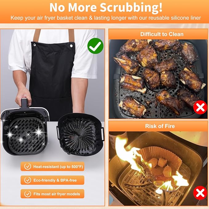2 Pack Silicone Air Fryer Liners,7.8 Inch Reusable Air Fryer Basket for 4-7 QT Air Fryers,with Handles,Non-Stick,Food Grade Silicone Tray,Replacement for Parchment Paper – Oven Microwave Safe
