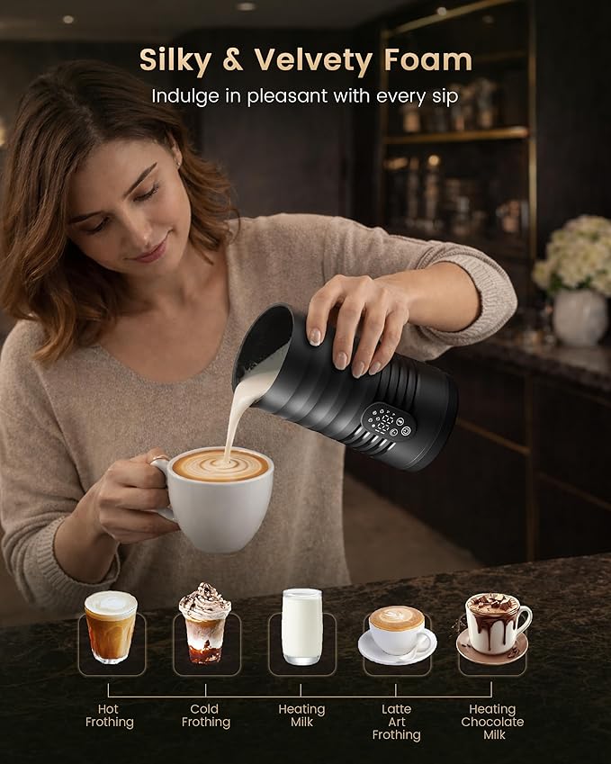 Milk Coffee Frother and Steamer,Temperature Display, 350lm, Burn-Free Base, Easy To Clean, 96% High Foam Rate,Ultra-Quiet Operation,Electric Cold Foam Maker Machine,Hot Chocolate Frother - Black