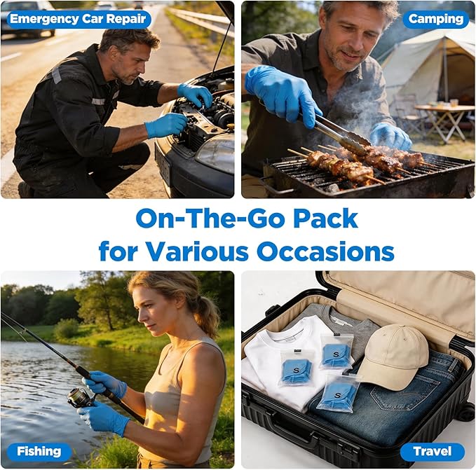 5-Mil Disposable Nitrile Gloves for Cooking Food Prep,100Pcs + 5 Bonus Travel Packs Blue Medium, Food Grade, Latex Free, Powder Free, Textured Grip for Household Cleaning, Crafts, Hair Dye