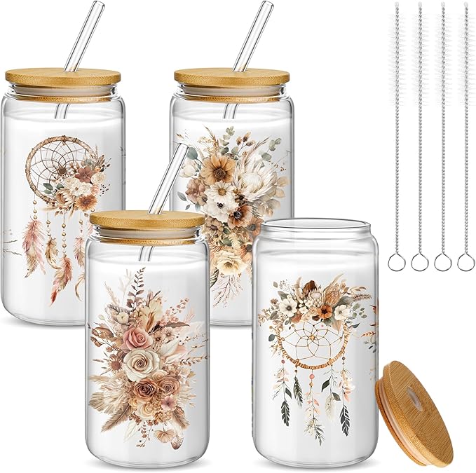 Mumufy 4 Pack Bridesmaid Gift Glass Cups, Cute Flower Mason Jars with Bamboo Lids & Straws, 16oz Iced Coffee Tumblers for Wedding, Bridal Party, Birthday, Mother's Day(Brown Spring)