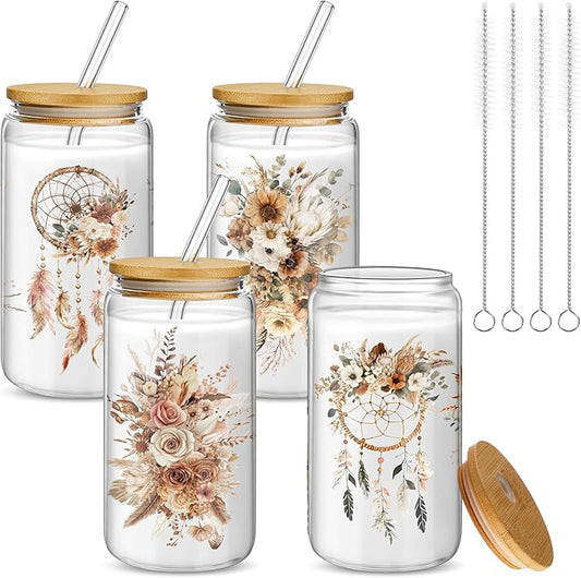 Mumufy 4 Pack Bridesmaid Gift Glass Cups, Cute Flower Mason Jars with Bamboo Lids & Straws, 16oz Iced Coffee Tumblers for Wedding, Bridal Party, Birthday, Mother's Day(Brown Spring)