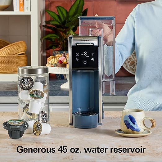 Hamilton Beach FlexBrew Advanced 4-in-1 Single Serve Hot & Iced Coffee Maker with Removable 45 oz. Water Reservoir, Use Pod Packs and Grounds, Fast Brewing, LED Touchscreen, Blue