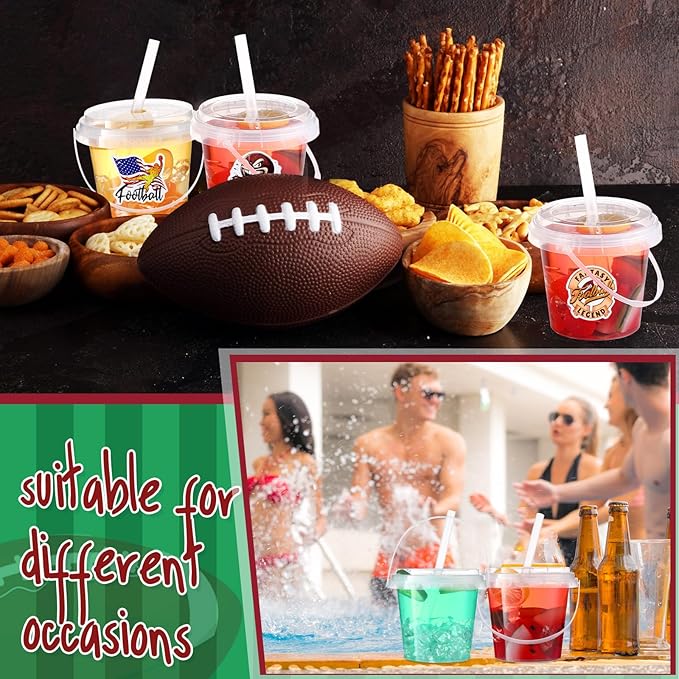 Funnymoom 30 Set Football Clear Plastic Cups with Lids & Straws 24oz Disposable Rum Drink Buckets Bulk for Cocktail Parties with Handles & Stickers for Holiday Birthday Beach Pool Party Supplies