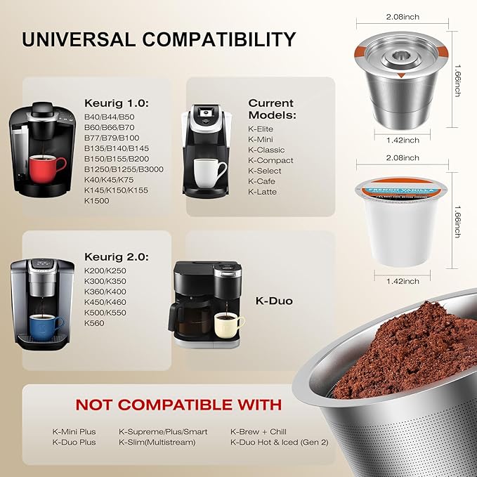 Reusable K Cups Coffee Pods for Keurig: Full Stainless Steel Refillable K Cups Coffee Filter Compatible 1.0 and 2.0 Coffee Makers-brewers (4Pack)
