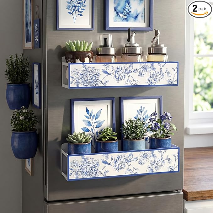 Beeveer 2 Pack Floral and Bird Magnetic Spice Rack for Refrigerator Metal Magnet Basket Shelf for Fridge Seasoning Storage Organizers Home Decor Kitchen Accessories (Blue and White)