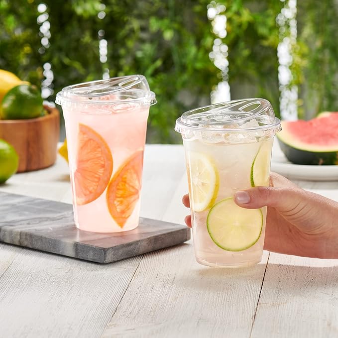 GUSTO Clear Plastic Cups with Lids [20 oz - 100 Count] - Disposable Iced Coffee Drink Cups with Strawless Sip Lids for Smoothies, Juices, and More - (Formerly Comfy Package)
