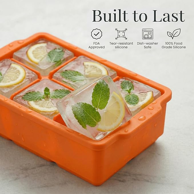 KitchFort Large Silicone Ice Cube Tray (2-Pack), Easy Release 2" Big Ice Cubes - Cocktail, Whiskey Ice Cubes Mold - Ice Trays for Freezer with Lid - Stackable Silicone Ice Tray - Orange