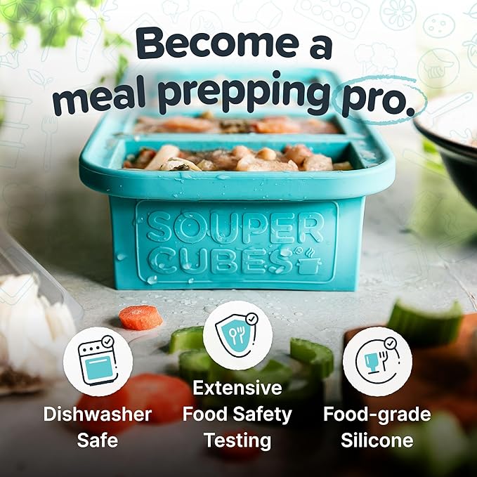 Souper Cubes 1 Cup Silicone Freezer Molds with Lids - Soup Cubes with Steel Reinforced Rim - Perfect for Freezing Broth, Rice, Individual Portions, Meal Prepping and More - Aqua - 8-Pack