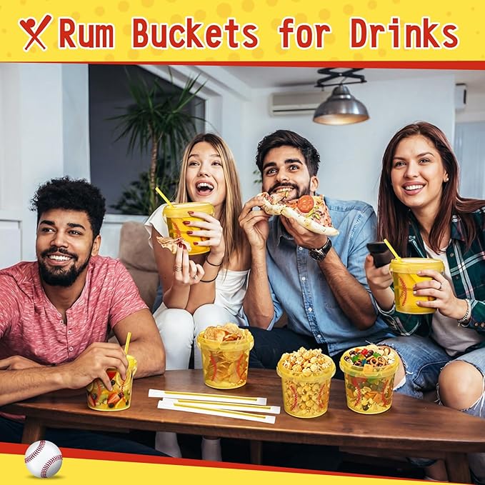 12 Set 25 oz Softball Plastic Drink Buckets with Straws Handles Lids Reusable Cocktail Rum Buckets 750ML Smoothie Milk Tea Cups Food Containers Pails Sport Party Supplies