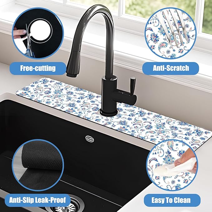 Sink Splash Guard Faucet Mat Paisley Flowers Tulips Leaves Absorbent Fast Drying Mat Sink Gadgets Splash Guard Behind Faucet Drip Catcher for Kitchen Bathroom 23.5"X5.5"