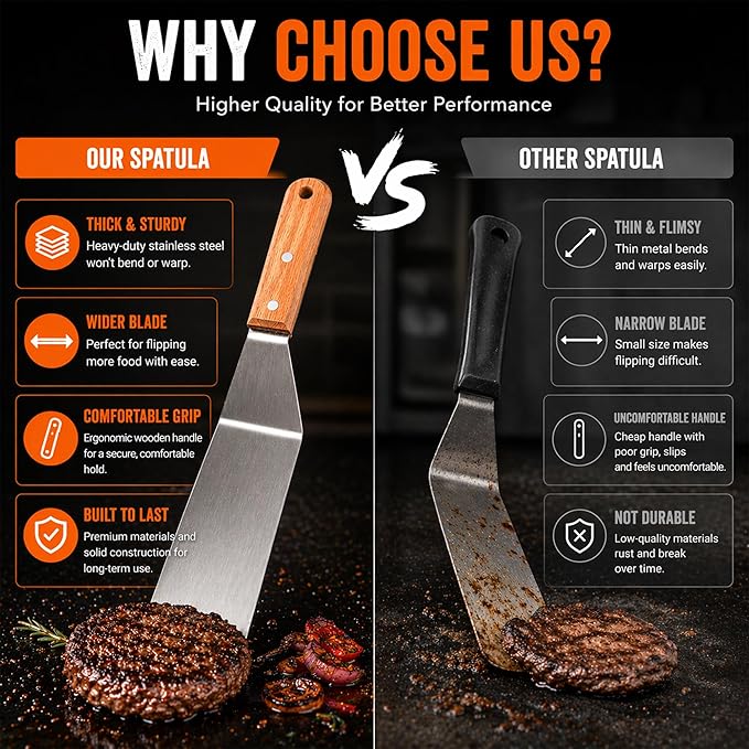 Medium Grill Spatula – Metal Spatula with Wooden Handle & Beveled Edges, Heavy Duty Flat Top Turner for Skillets, Griddles & Grills, Smash Burger Flipper, Stainless Steel Cooking Tool (Style 05)