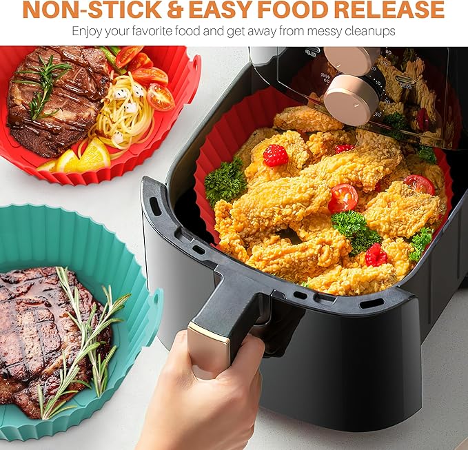 ME.FAN Air Fryer Silicone Liners for 4 to 7 QT [2 Pack] Reusable Air Fryer Basket with Handles & Holes Red