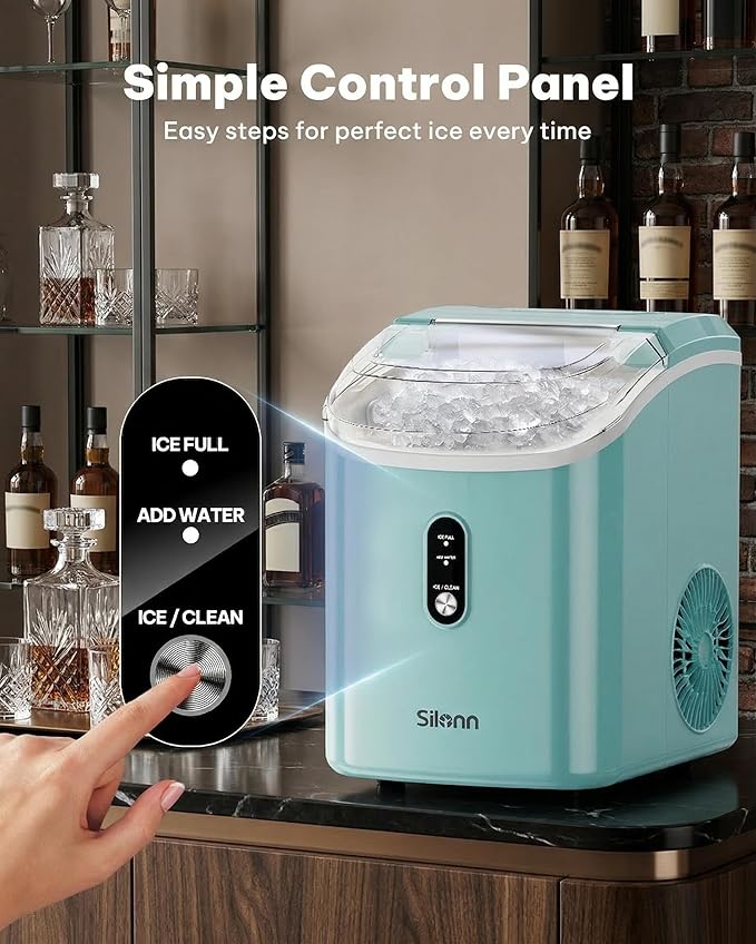 Silonn Nugget Ice Maker Countertop, Chewable Pellet Ice Machine with Self-Cleaning, Portable Pebble Ice Maker with Ice Scoop for Home, Kitchen & Office, Green