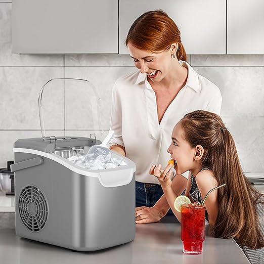 Crzoe Ice Makers Countertop with Handle, 2 Sizes of Ice, 8 Bullet Ice Cubes in 6 Mins, 26Lbs/24H, Portable Ice Maker with Self-Cleaning, Ice Machine for Home&Kitchen&Office&Party (Grey)