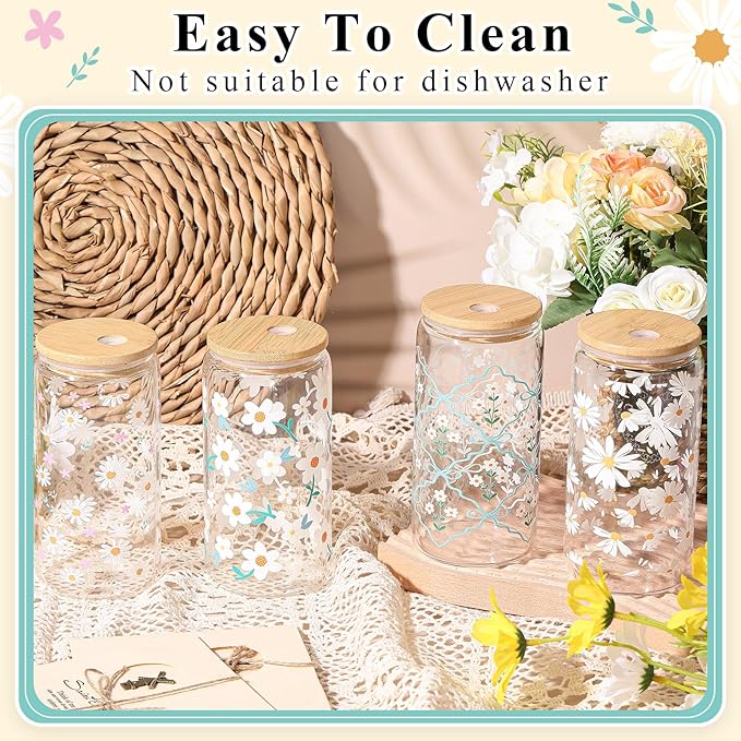 Mumufy 4 Pack Bridesmaid Gift Glass Cups, Cute Flower Mason Jars with Bamboo Lids & Straws, 16oz Iced Coffee Tumblers for Wedding, Bridal Party, Birthday, Mother's Day(Fresh Flower)