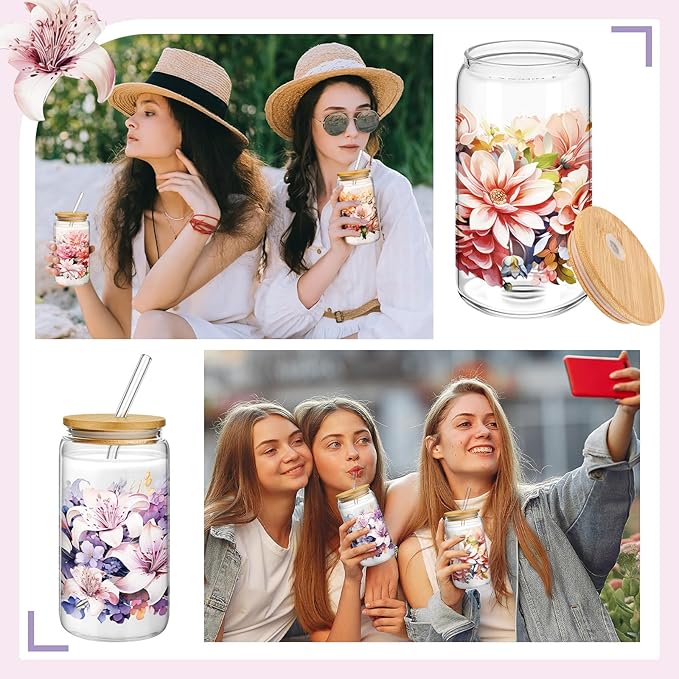 Mumufy 4 Pack Gift for Women Bloom Floral Elegant Glass Cup Tumbler Blooming Garden 16 oz Iced Coffee Glass with Bamboo Lid & Straw, Mothers Day Birthday Gift for Mom Sister Bridesmaid Baby Shower