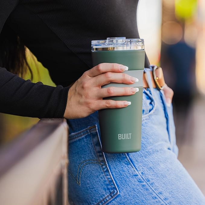 BUILT 24 oz Stainless Steel Vacuum Insulated Tumbler - Sage Green Double Wall Travel Cup, Keeps Drinks Cold 24 Hours or Hot 8 Hours, Leak Proof Lid with Flip Straw, Silicone Grip