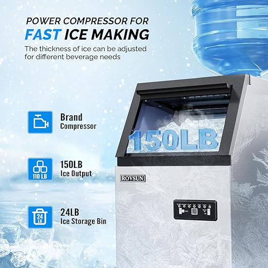 ROVSUN 150LBS/24H Commercial Ice Maker Machine with 2 Water Inlets, Freestanding Ice Machine with 24lbs Storage Bin, Ice Scoop & Water Filter for Home Office Restaurant Bar Cafe