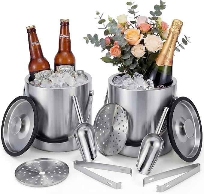 2 Pcs 3l/3.17qt Insulated Ice Bucket with Silicone Lid, Scoop, Tongs Strainer Stainless Steel Double Wall Insulated Ice Buckets for Parties Cocktail Bar, Outdoor Champagne Container Bin