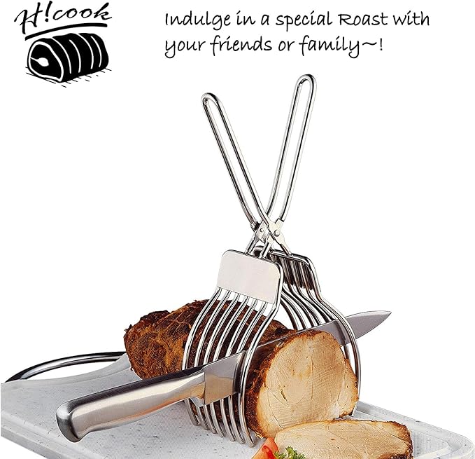 Stainless Steel Roast Beef Cutting Tongs Meat Bread Slicing Tong Onion Tomato Holder For Slicing Vegetable Fruits Cutting Kitchen Aid