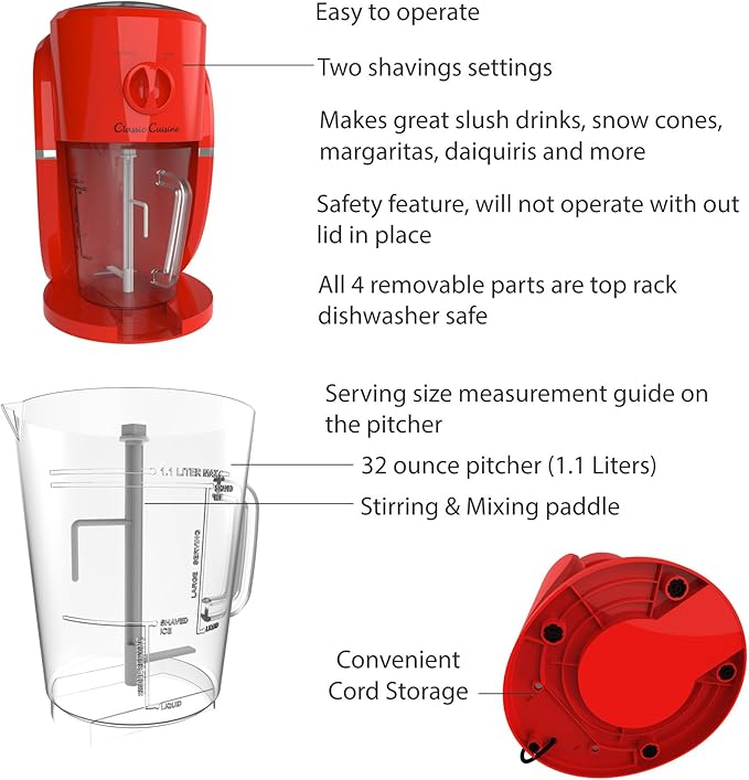 Frozen Drink Maker - Mixer and Ice Crusher Machine for Margaritas, Pina Coladas, Daiquiris, Shaved Ice Treats, or Slushies by Classic Cuisine (Red)
