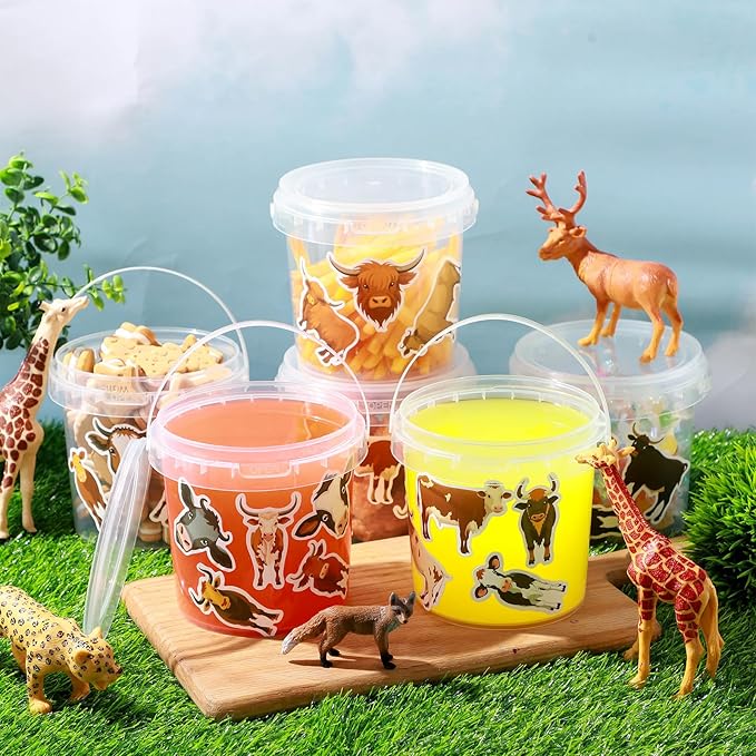 PerKoop 20 Pcs 32 oz Ice Cream Buckets with Lids and Handles Clear Cocktail Rum Buckets with Stickers Plastic Transparent Tub Reusable Food Storage Containers for Parties(Cow)
