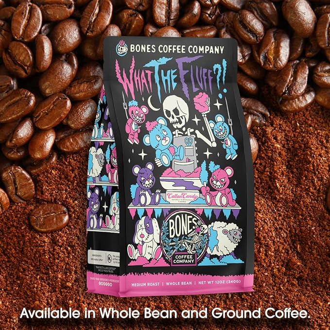 Bones Coffee Company What the Fluff?! Berry Cotton Candy Flavored Coffee, Medium Roast Low Acid Arabica Beans Compatible with Auto drip and French Press Coffee Maker, 12 Oz Ground