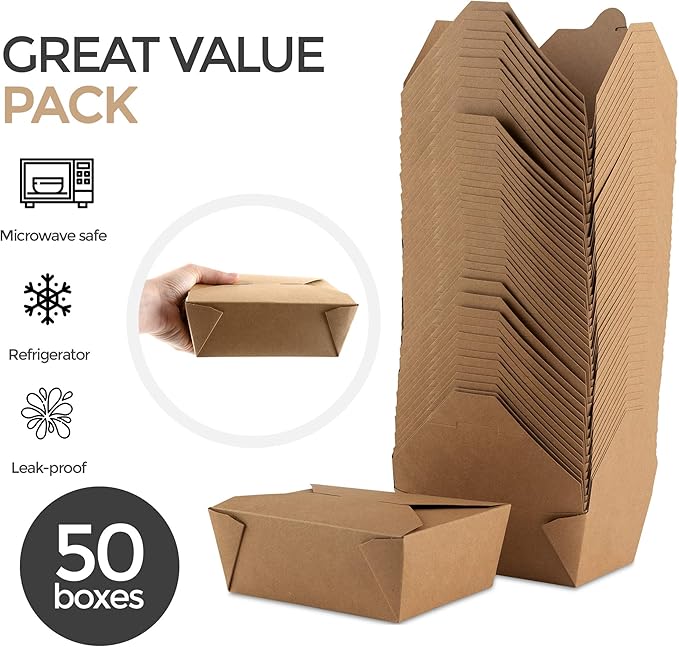 Take Out Food Containers Microwaveable Kraft Brown Take Out Boxes 45 oz (50 Pack) Leak and Grease Resistant Food Containers - Recyclable Lunch Box - To Go Containers for Restaurant, Catering and Party