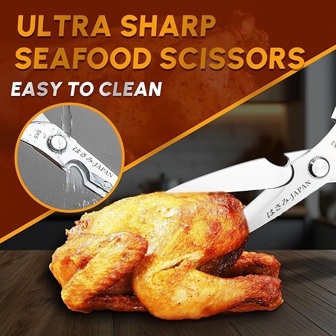 Huusk Kitchen Shears Set Silver - Professional Seafood & Kitchen Scissors Set, Sharp Japanese-Style Cooking Scissors for Crab, Shrimp, Lobster, Herbs and Food Prep, Christmas Gifts for Men Women