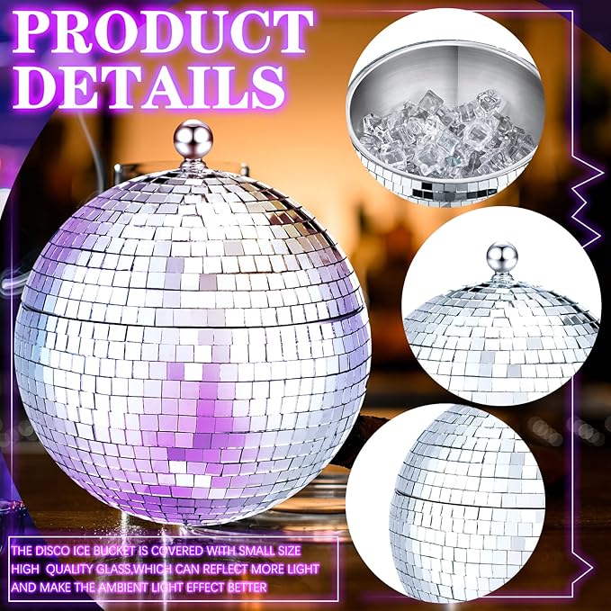 Hoolerry 2L Disco Ball Ice Bucket for Cocktail Bar Retro 70s Barware Mirror Silver Disco Beverage Vase Bowl Drink Barrel Double Stainless Steel Bachelorette Party Gift Supplies