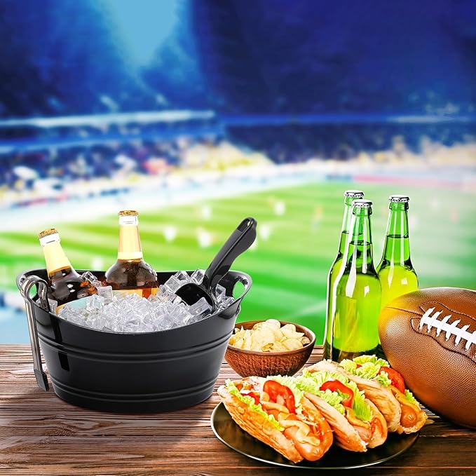 Zhehao 10 Pcs Ice Bucket for Parties 4.5 l Oval Beverage Tub with 5 Plastic Ice Scoops and 5 Tongs Champagne Bucket for Beer Wine Cocktail Beverage Bar Banquet Family Gathering (Small Scoops, Black)