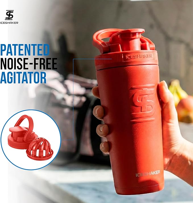 Ice Shaker Insulated Stainless Steel Shaker Bottle | 26oz, Red Color Rush | Cold for 30+ Hours | Insulated Cup with Twist-on Agitator | Odor-Free Bottle for Protein Shakes, Water, Smoothies, Cocktails