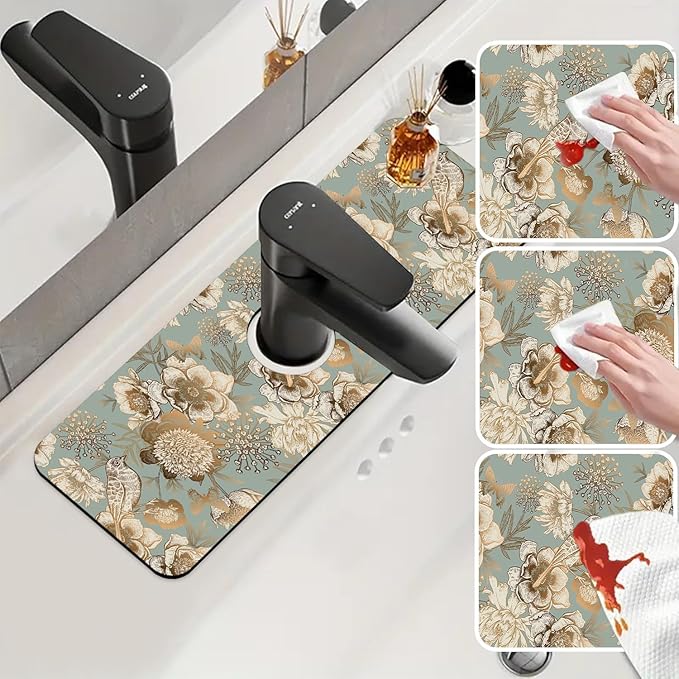 Sink Splash Guard Faucet Mat Peonies Bird and Butterflies Absorbent Fast Drying Mat Sink Gadgets Splash Guard Behind Faucet Drip Catcher for Kitchen Bathroom 15.5"X5.5"