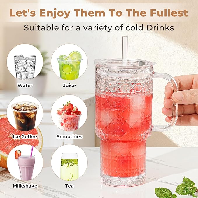 17oz Water Glass Tumbler with Handle & Lid Coasters, Reusable Iced Coffee Cups with Straws – Set of 2, Glass Cups for Beverages,Smoothies, Juice, Coffee, Tea