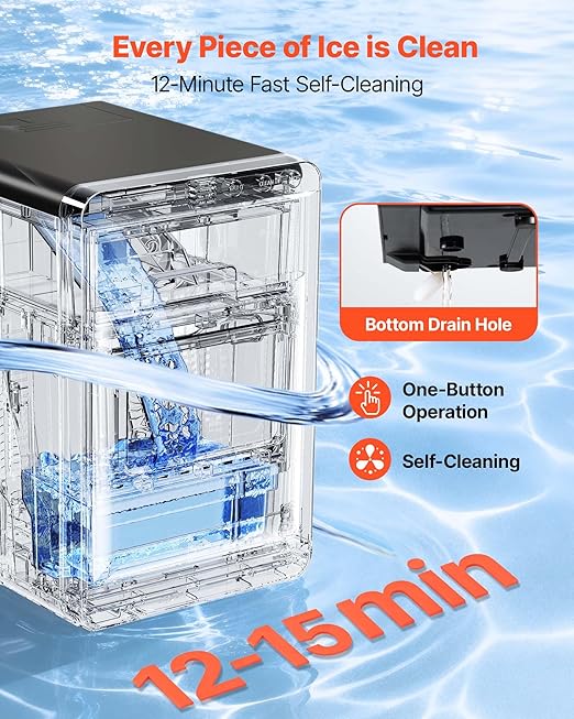 VEVOR Countertop Ice Maker, 44 lbs per Day, Self-Cleaning Portable Machine with Scoop, Drawer-Style Ice Access, Nugget Ice-Making Machine with Chewable ICES for Home, Kitchen, Office, Bar & Party