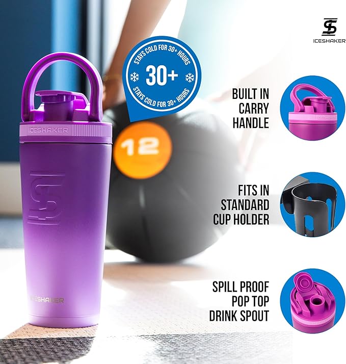 Ice Shaker Insulated Stainless Steel Shaker Bottle | 26oz, Purple Color Rush | Cold for 24+ Hours | Insulated Cup with Twist Agitator | Odor-Free Bottle for Protein Shakes, Water, Smoothies, Cocktails