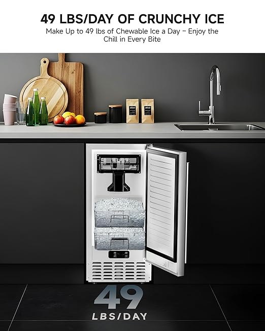 EUHOMY Under Counter Nugget Ice Maker, 49 lbs/Day Built-in or Freestanding Ice Machine with Double Ice Baskets, Self-Cleaning & 24H Timer, Home Use, Silver