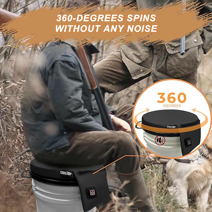 MDSTOP Heated 5 Gallon Bucket Seat, 360-Degree Swivel Bucket Seat Lid, Waterproof Top Seat Foam Cushion for Dove Duck Hunting, Ice Fishing, Baseball, Gardening, Camping（No Power Bank）