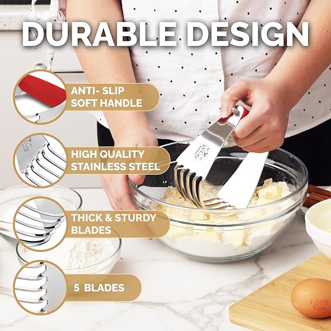 Zulay Kitchen Dough Blender Top Professional - Stainless Steel Pastry Cutter, Heavy Duty Dough Cutter With Blades, Pastry Blender And Butter Cutter - Pastry Cutter For Baking (Red)