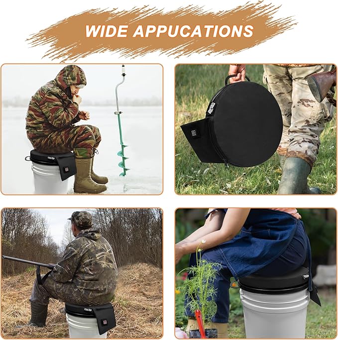 MDSTOP Heated 5 Gallon Bucket Seat, 360-Degree Swivel Bucket Seat Lid, Waterproof Top Seat Foam Cushion for Dove Duck Hunting, Ice Fishing, Baseball, Gardening, Camping（No Power Bank）