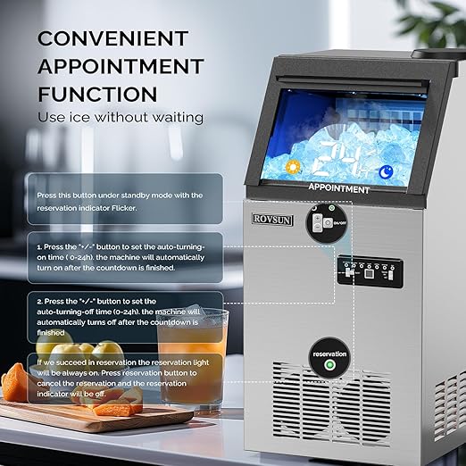 ROVSUN 150LBS/24H Commercial Ice Maker Machine with 2 Water Inlets, Freestanding Ice Machine with 24lbs Storage Bin, Ice Scoop & Water Filter for Home Office Restaurant Bar Cafe