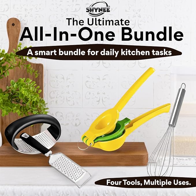 SHYNEE 4PCs Kitchen Essentials Kit – Lemon Squeezer, Garlic Press, Stainless Steel Whisk, Multi-Use Grater, Cheese Grater – Durable, Easy to Clean Cooking Tools Set for Everyday Meal Prep