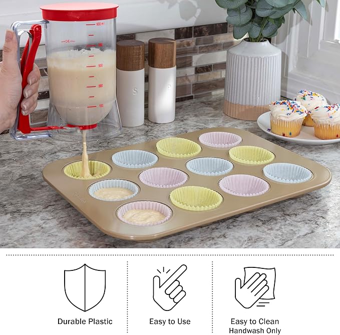 Pancake Batter Dispenser - 4-Cup Batter Dispenser with Squeeze Handle for Pancakes, Waffles, Muffins, and Crepes - Baking Tools (Red)